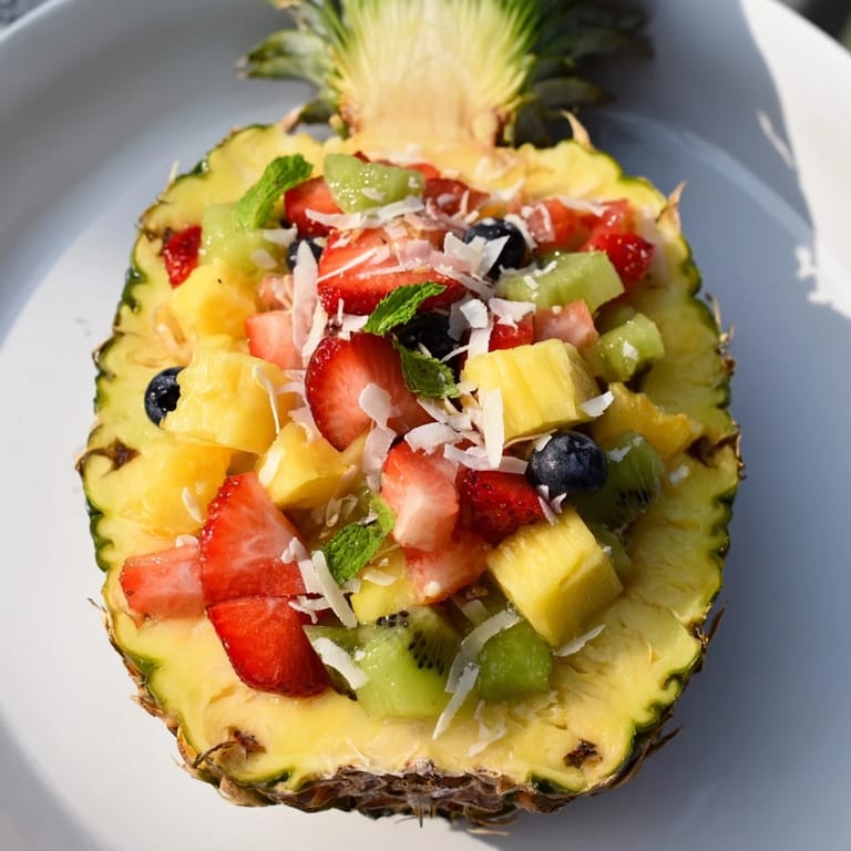 The beautiful presentation of a Tropical Bliss Pineapple Fruit Boat, ready to serve for a tropical feast.