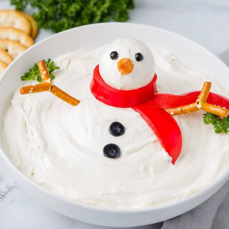 Get ready for fun: a whimsical Melted Snowman Dip and colorful pepper scarves on crackers!