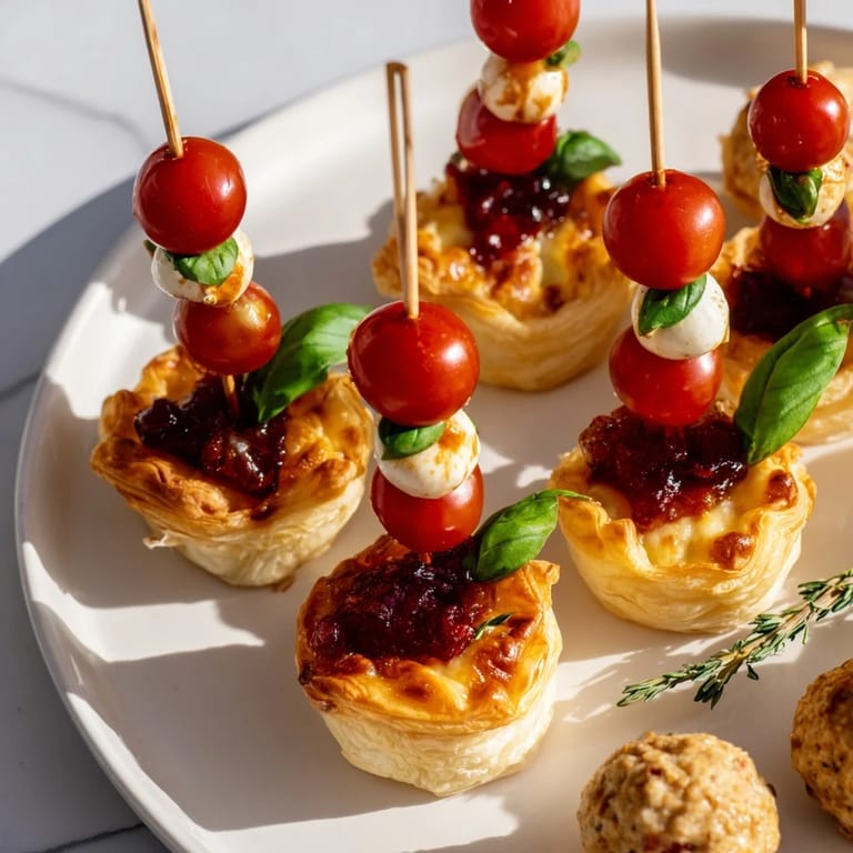 Imagine a close-up of the beautiful Joy to the World Festive Appetizer Trio; puff pastry bites, skewers, and meatballs.