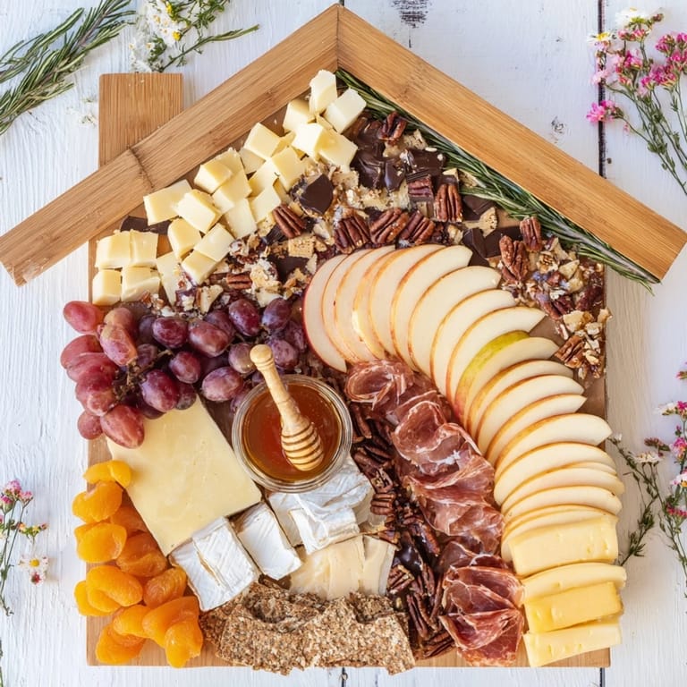 Vibrant photo of a Sweet Home Charcuterie Board; a cozy appetizer with honey, grapes, and crackers.