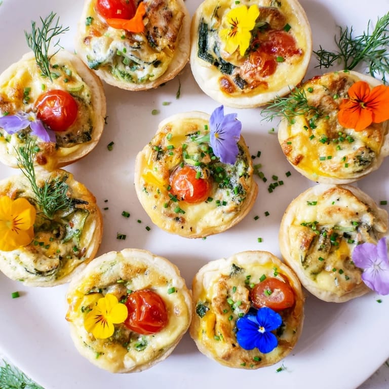 A beautiful serving of Couronne Florale Mini Quiches; imagine the flaky pastry wreath, filled with fresh ingredients.