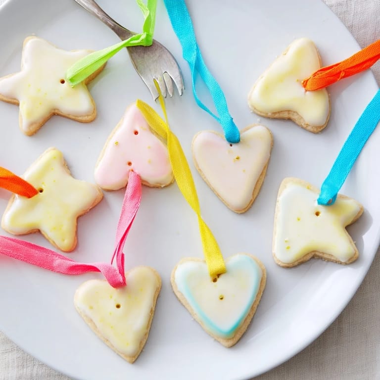 Freshly baked Mignonneries Coeurs et Étoiles, vanilla-kissed cookies, ready for icing and ribbon adornment.