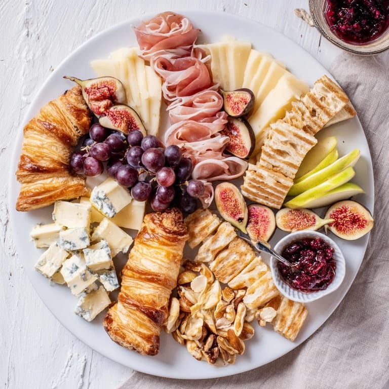 A stunning Moments Magiques Plateau Bonne Année 2026 appetizer presents colorful fruits, savory meats, and creamy cheeses for celebrating.
