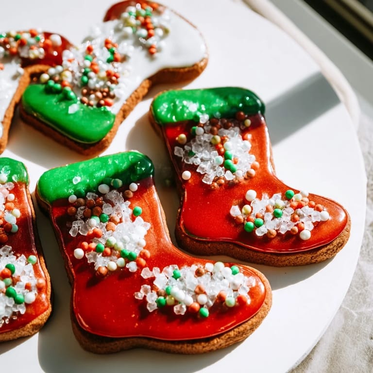 Deliciously decorated Christmas Boot-Shaped Delights, ready to eat, served on a plate for a Christmas treat.