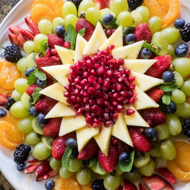 A brightly-colored Pomegranate Starburst Platter with fresh kiwi, strawberries, and other vibrant fruits, ready to enjoy.