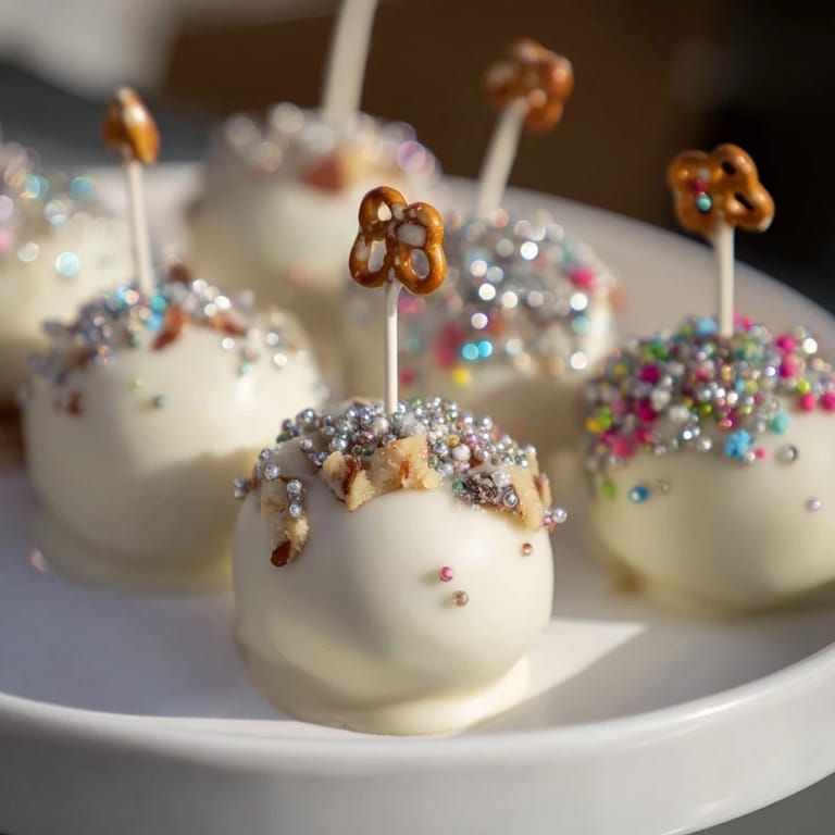 Close-up of freshly made holiday ornament candy balls with a hint of peanut butter and pecans.