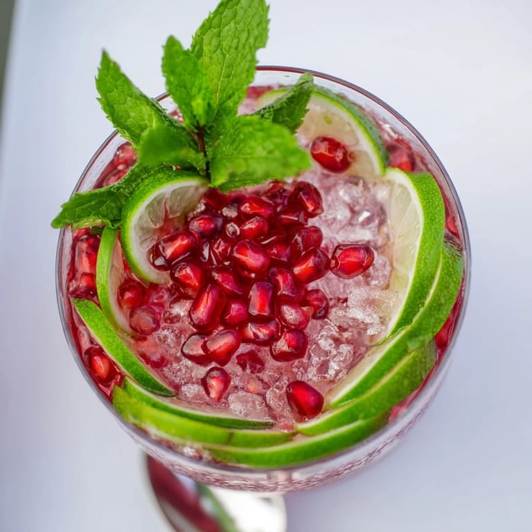A vibrant Pomegranate and Mint Wreath, a refreshing, non-alcoholic holiday drink with lime garnish.