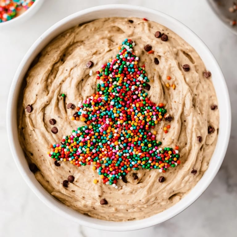 Rich, decadent Festive Tree Brownie Dip topped with colorful holiday sprinkles, perfect for dipping.