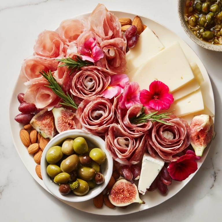 A close-up of the Meat and Cheese Rose Garden Board, showcasing beautiful, edible arrangements and various accompaniments.