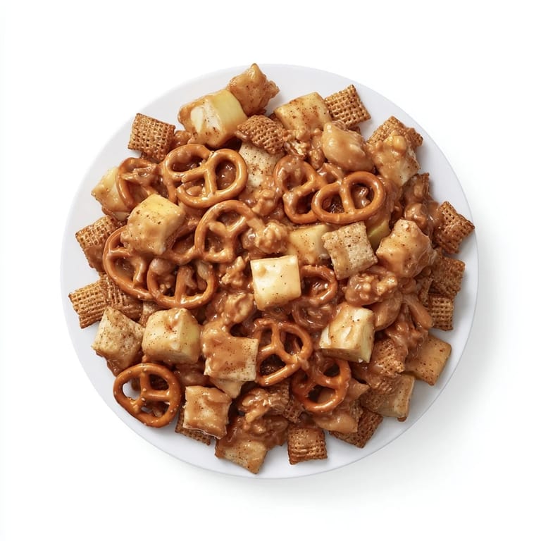 Close-up of a festive Party Mix with popcorn, pretzels, and apple chips, perfect for snacking.