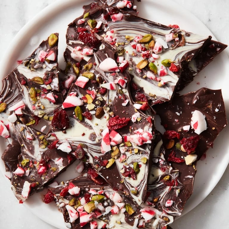 A beautiful display of homemade holiday bark, studded with pistachios and cranberries, ready to enjoy.