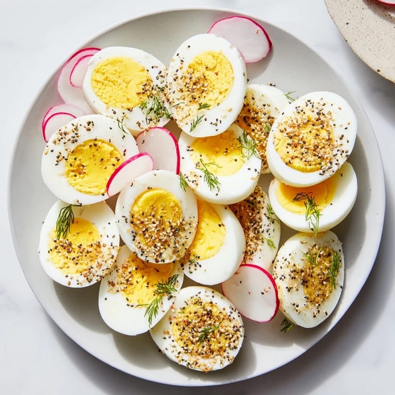 Perfectly sliced eggs with everything bagel seasoning offered on a brunch board with various accompaniments.