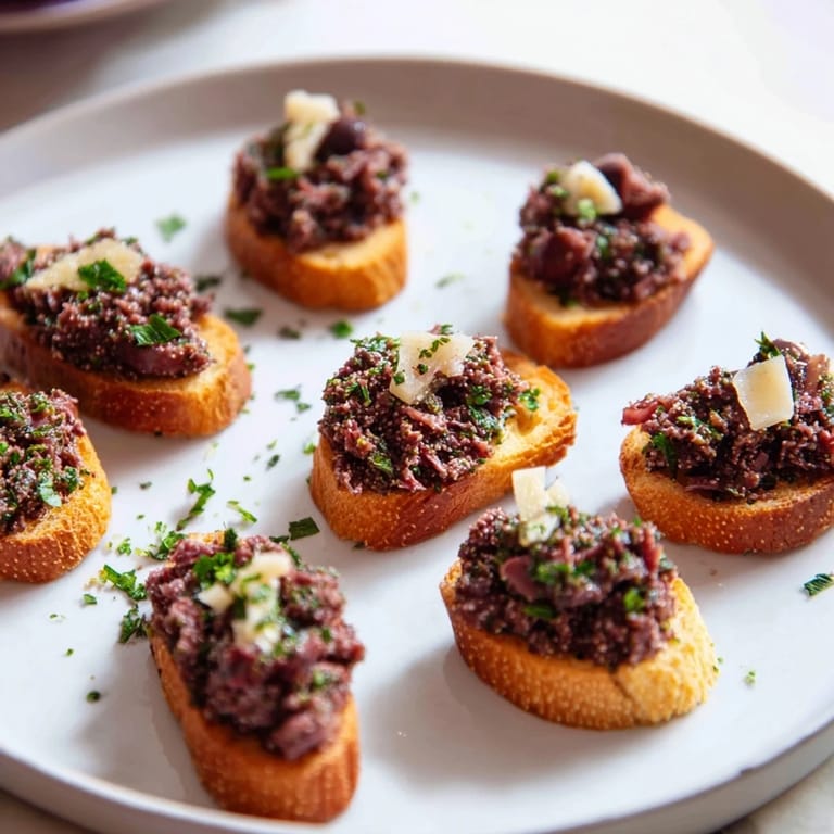 A close-up of a bowl filled with black olive tapenade served alongside crispy, toasted crostini.