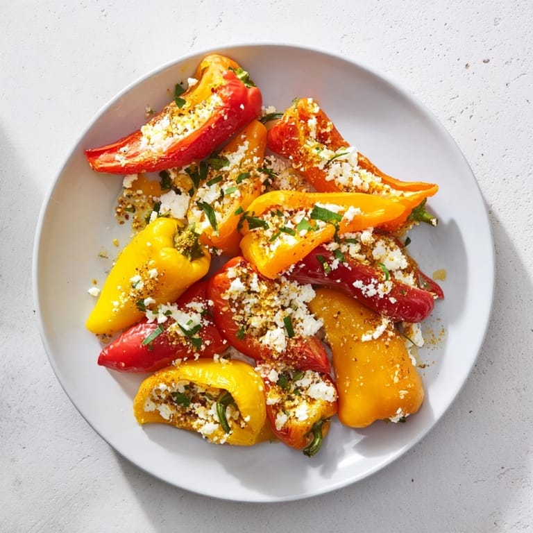Mediterranean delight: Colorful mini bell peppers stuffed with a flavorful feta mixture, ready to serve.