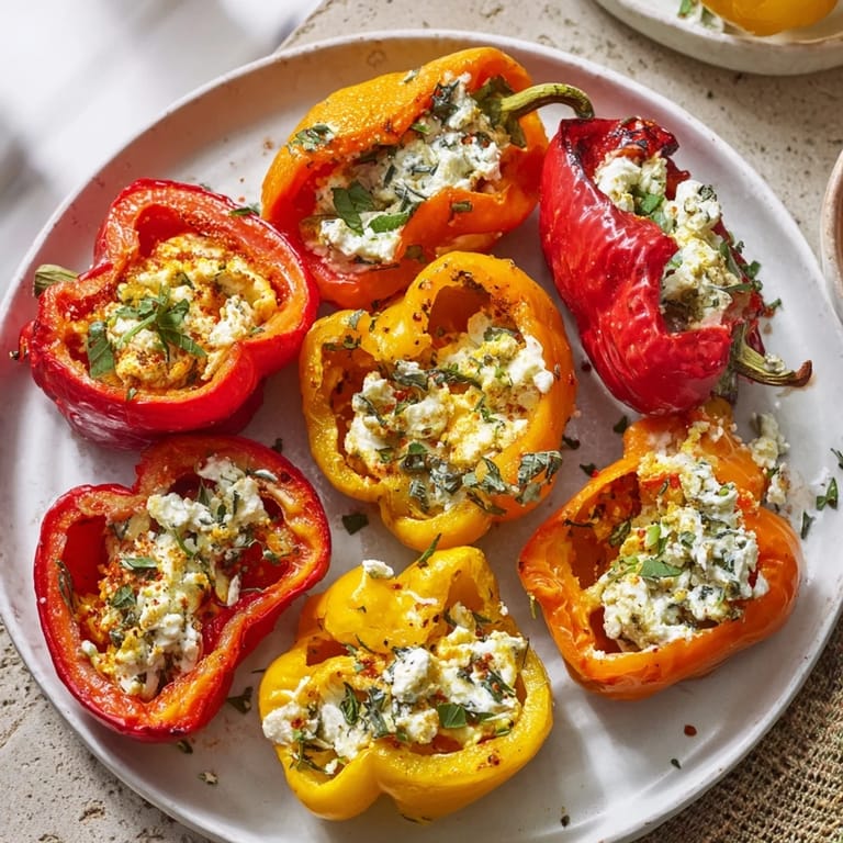 Freshly-drizzled olive oil on beautiful mini bell pepper halves loaded with creamy feta filling.