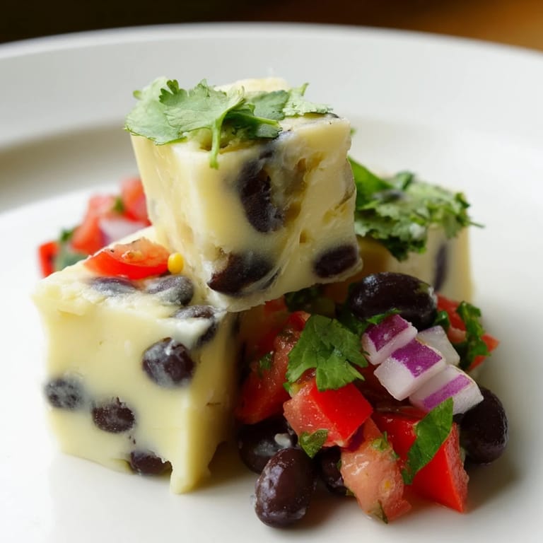 Freshly scooped black bean salsa alongside spicy Pepper Jack cubes, ready to eat.
