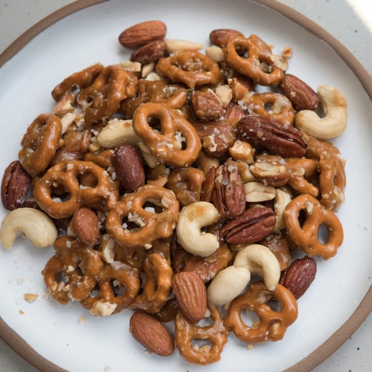 A close-up of buttery Salted Caramel Pretzels and Nuts coated in a delicious golden layer.