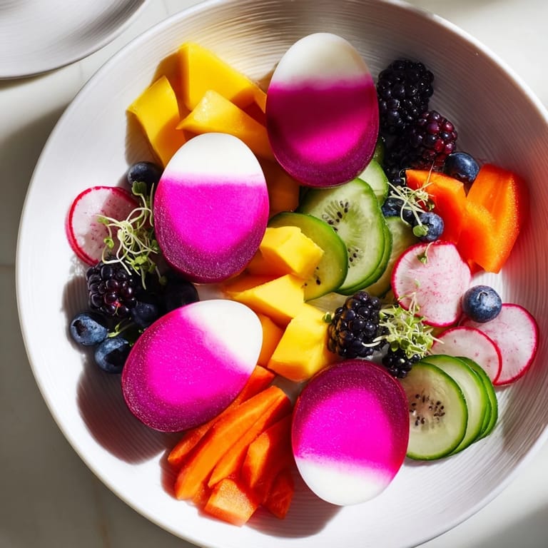 Eye-catching The Neon Night recipe: a black board displays zesty pickled veggies, vibrant eggs, and juicy fruits.