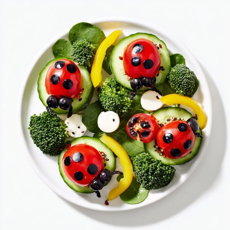 Fresh Ladybug Garden Platter featuring colorful vegetables, mozzarella, and balsamic glaze, ready to serve.