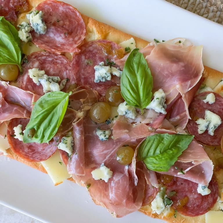 Savory meats and cheeses adorn a crisp, golden The Rustic Raft flatbread appetizer, ready to share.