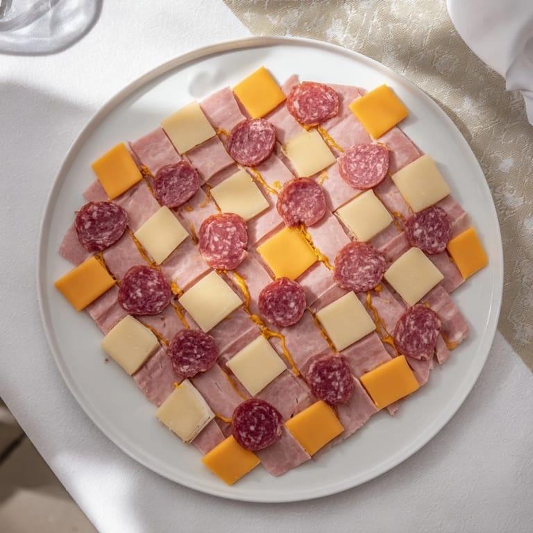 Vibrant squares form the Patchwork Quilt, an easy appetizer brightened with mustard threads, ready to serve..