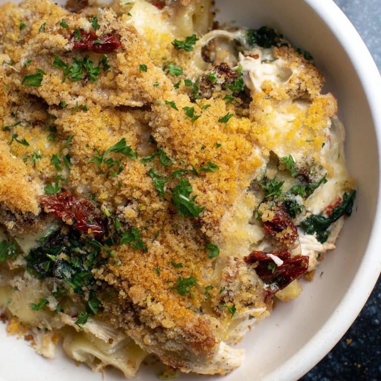 A close-up of creamy Marry Me Chicken Casserole, showcasing the tender chicken and savory sun-dried tomatoes.