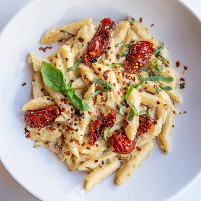 A beautifully plated Boursin cheese pasta, rich with roasted tomatoes and herbs, a delicious vegetarian meal.