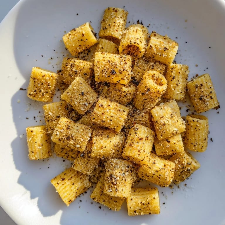 Air-fried toasty Air Fryer Pasta Croutons, seasoned with spices, and ideal with a dipping sauce.