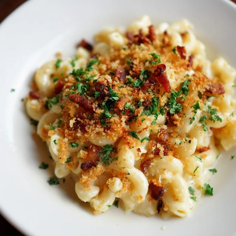 This comforting bowl of Tinis Mac and Cheese with Bacon shows a perfect balance of textures, inviting a delicious bite.