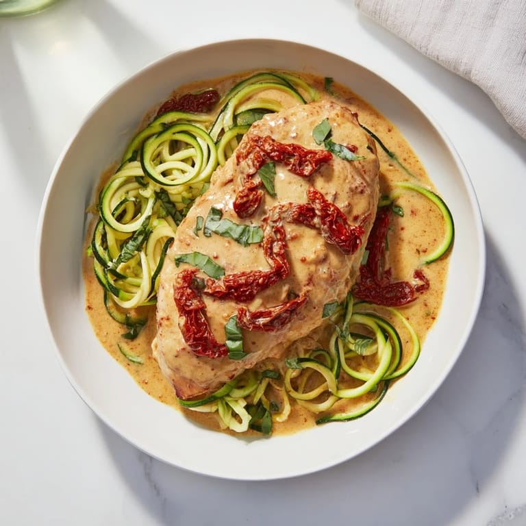 A close-up of Marry Me Chicken Zoodles, featuring tender chicken atop spiralized zucchini in a rich, flavorful sauce.