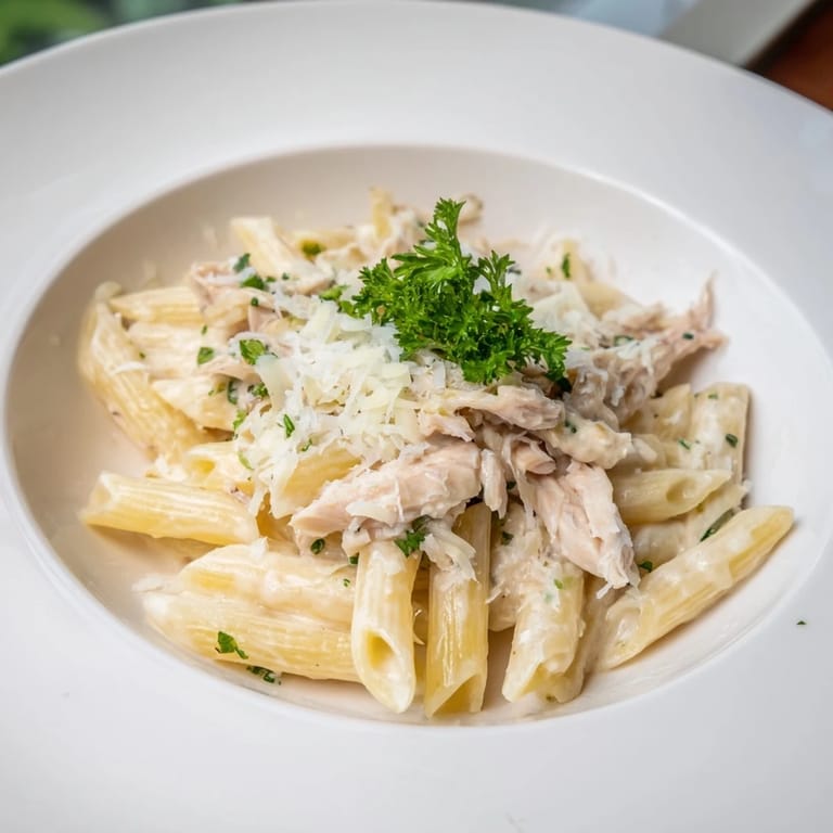 A close-up of a delightful plate of Tinis Creamy Chicken Pasta, garnished with fresh parsley and extra Parmesan.