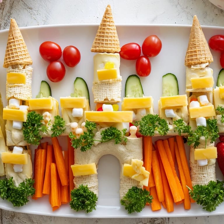 This Fairy Tale Castle Platter features a delightful arrangement of sandwiches, fruits, and candies for a party.