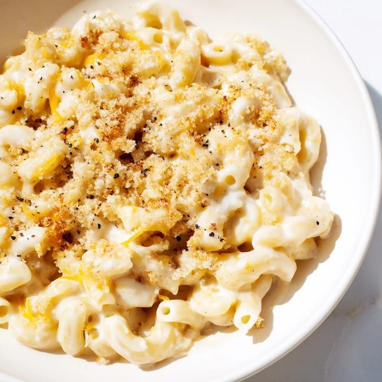 Golden-brown baked Tinis Recession Mac, bubbling with melted cheddar and American cheese goodness.