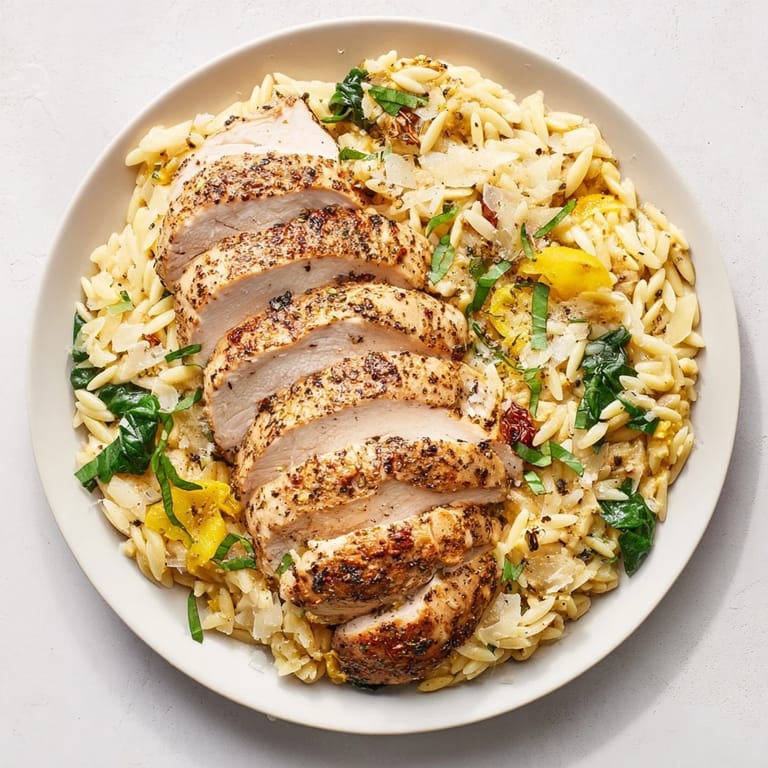 This photo of Marry Me Chicken Orzo showcases a golden-brown chicken breast atop creamy orzo, ready to be enjoyed.