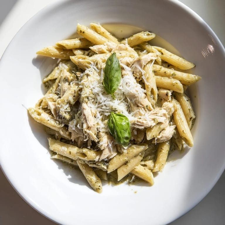 A close-up of creamy 10-Minute Pesto Pasta with Chicken, showcasing juicy chicken and vibrant pesto sauce.