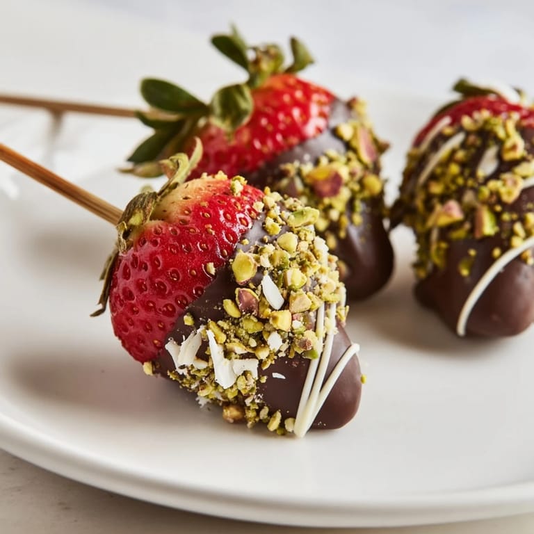 Freshly dipped chocolate coats each strawberry, creating irresistible chocolate-dipped strawberry skewers with a satisfying snap.