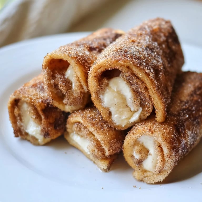 Warm Easy French Toast Roll-Ups show a soft, cream cheese filling peeking out, ideal for a tasty snack.