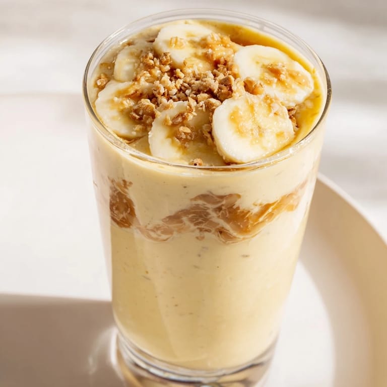 A tall glass overflowing with a luscious Peanut Butter Banana Smoothie, perfect for a refreshing treat.