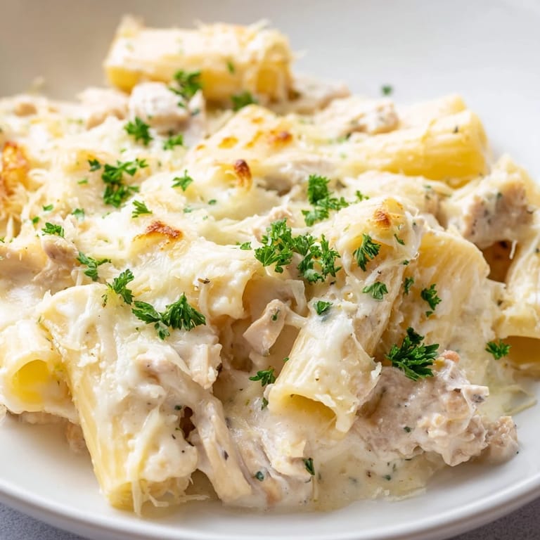 A bubbling casserole of creamy Chicken Alfredo Bake, filled with tender chicken and pasta.