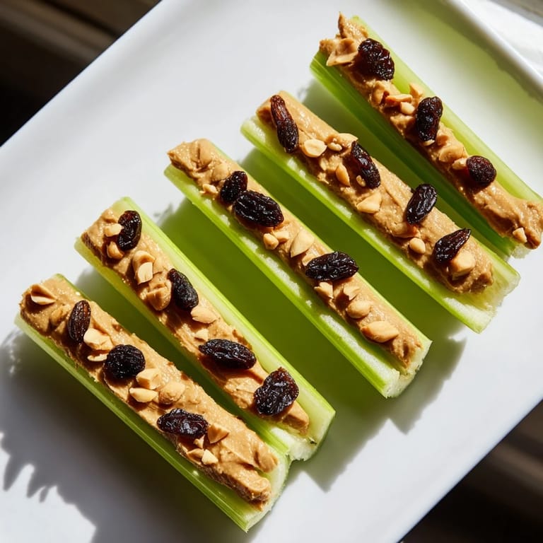 Close-up photo of classic peanut butter celery sticks, ready to eat, a simple vegetarian snack.