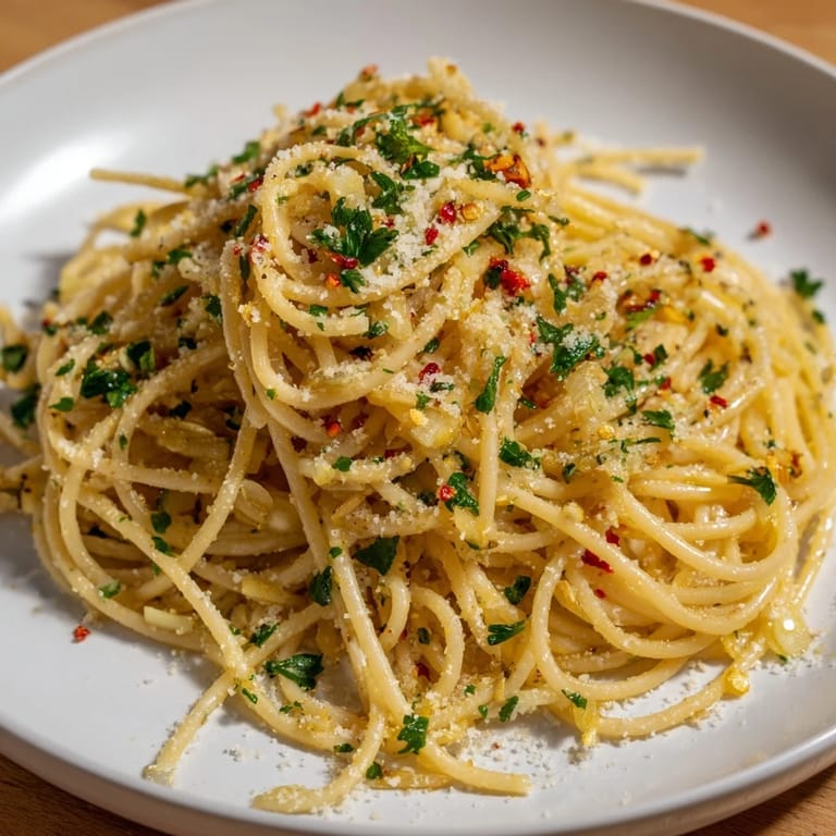 Quick and easy Aglio e Olio express pasta: perfectly cooked spaghetti coated in savory, spicy garlic sauce.