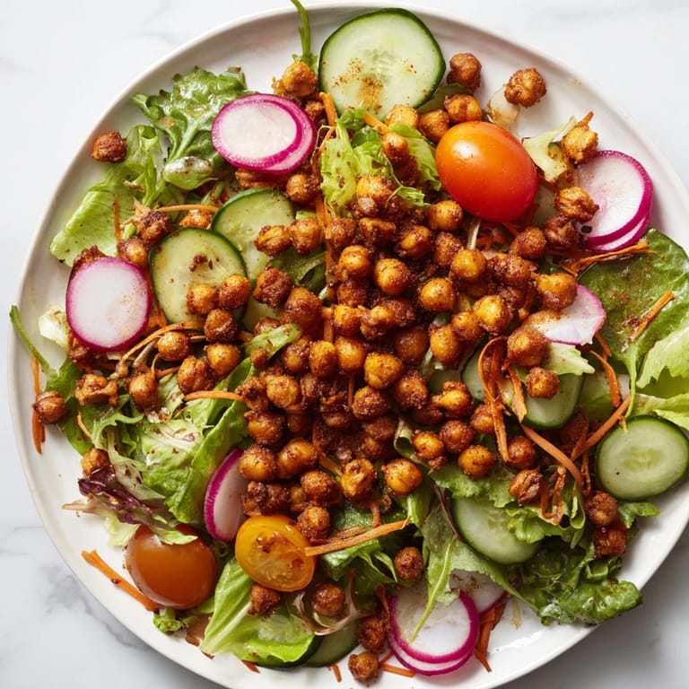 Fresh, flavorful salad featuring mixed greens and delicious crispy chickpea croutons.