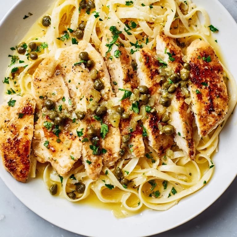 Bright, flavorful Quick Chicken Piccata Pasta: al dente pasta with lemon chicken, delicious, restaurant-worthy plating.