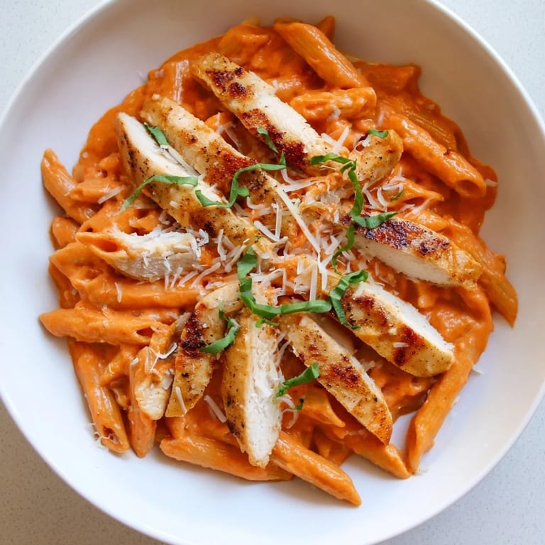 Golden chicken and penne pasta bathed in rich Creamy Tomato Basil Chicken Pasta sauce, Parmesan dusted.
