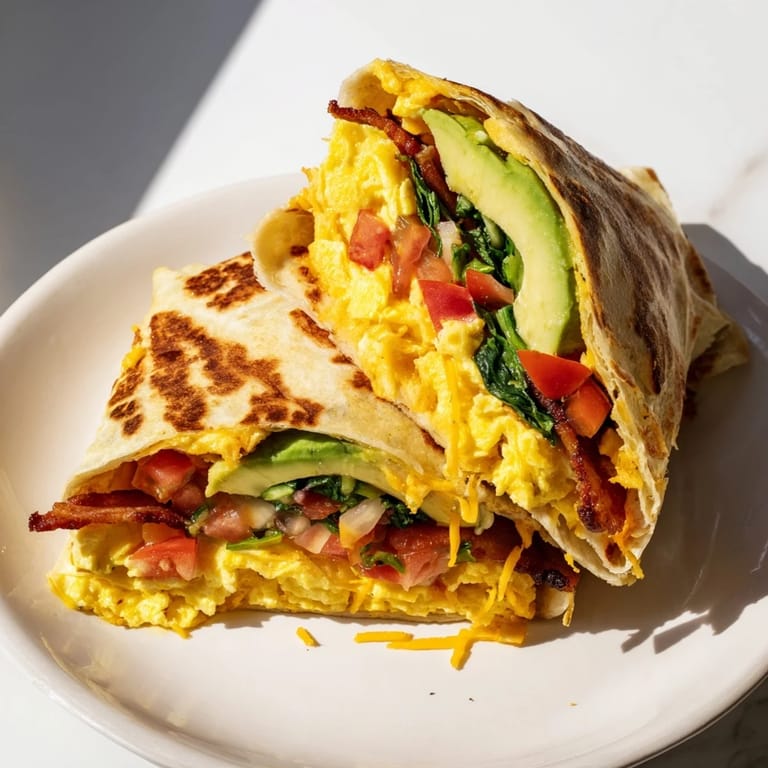 A folded and crisped Crispy Breakfast Wrap with melted cheese, eggs, and fresh veggies ready to eat.