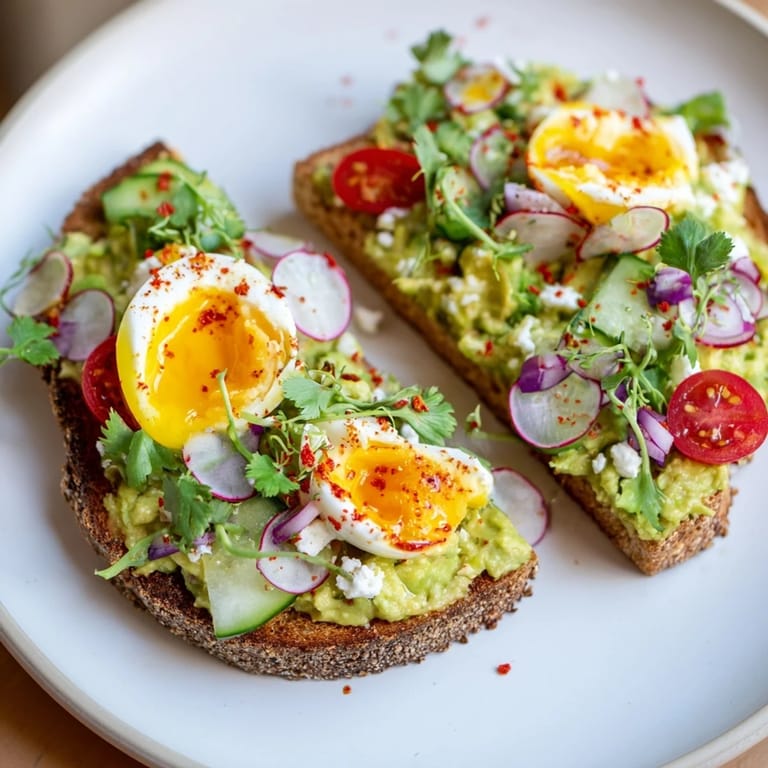 Flavorful loaded avocado toast brightens the day with a creamy avocado base and colorful toppings.