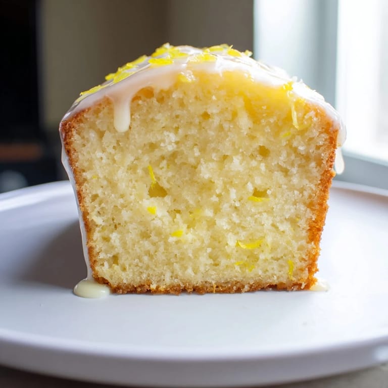 Warm, freshly baked Lemon Yogurt Cake slice, showing a moist interior, perfect for a light dessert.