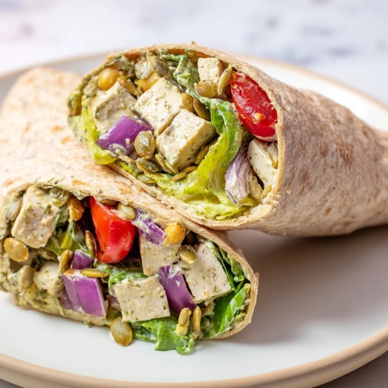 A colorful High-Protein Chicken-less Caesar Wrap, showing the delicious filling, perfect for a quick lunch.