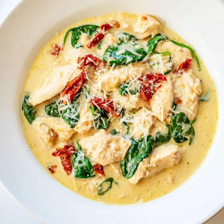 A skillet brimming with delicious Creamy Tuscan Chicken, featuring sun-dried tomatoes and spinach.