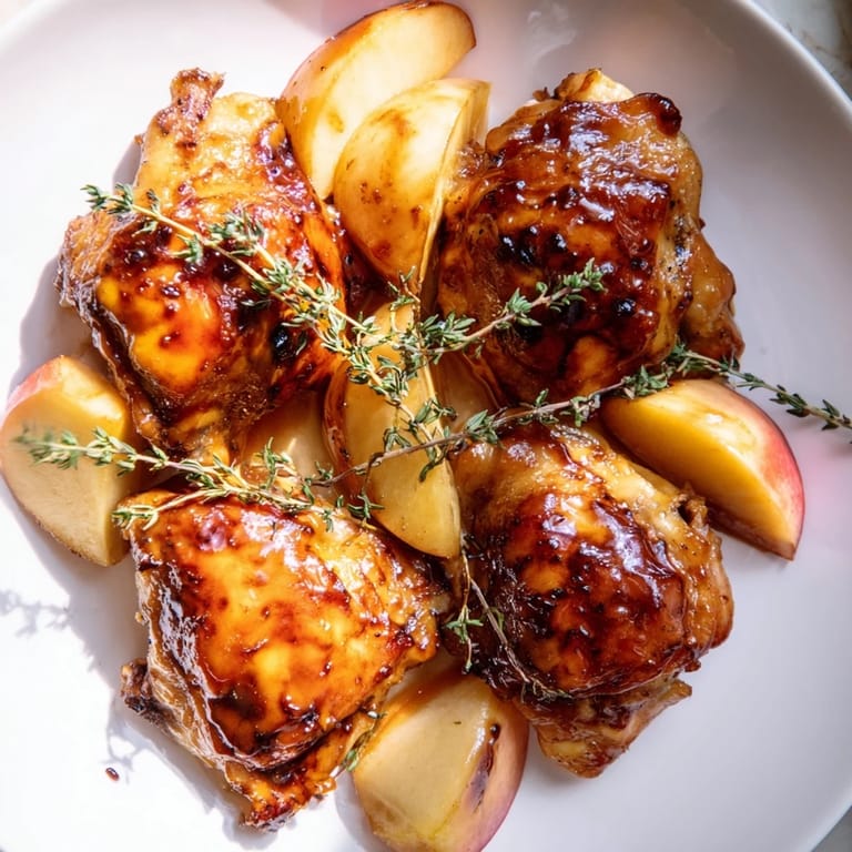Basted Sticky Maple Apple Chicken, served with fresh thyme, offers a comforting, aromatic, family meal.